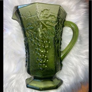 Vtg Depression Avocado Green Glass Pitcher With Grapes 20 Oz..